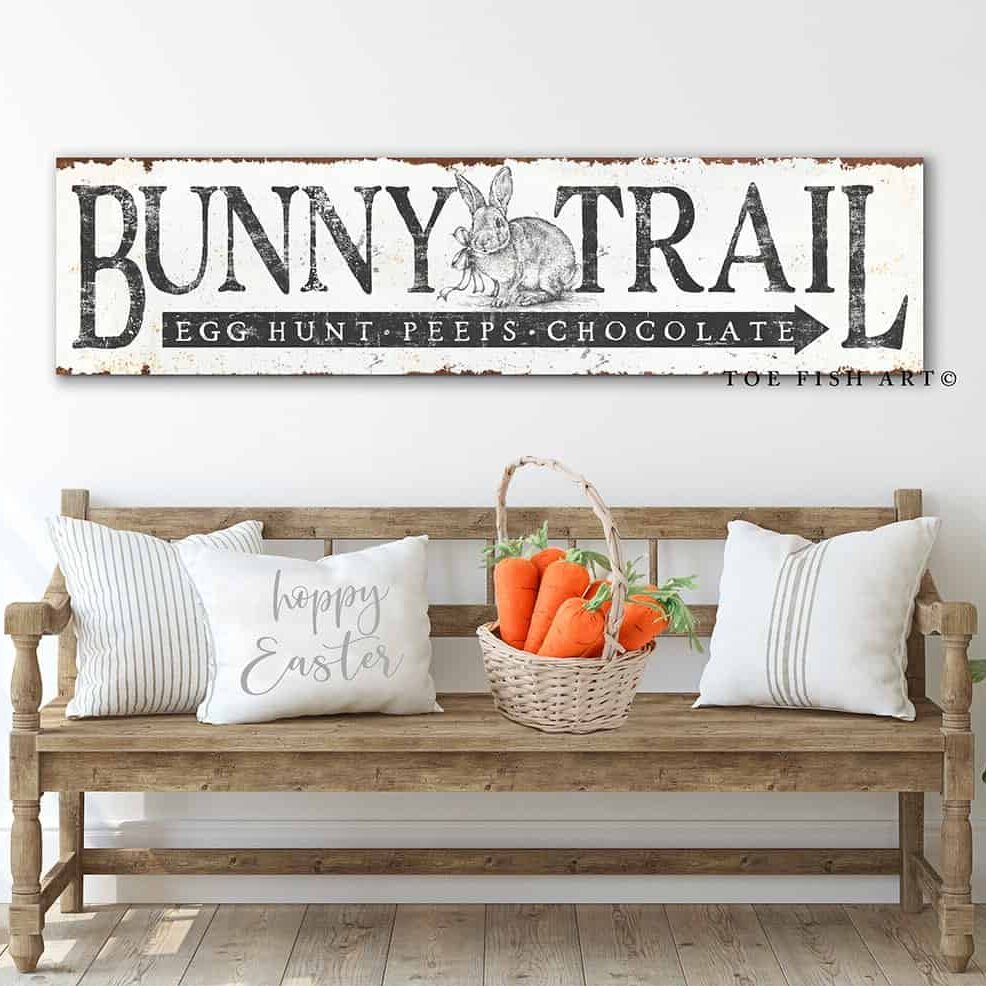 Bunny Trail Sign handmade by ToeFishArt. Original, custom, personalized wall decor signs. Canvas, Wood or Metal. Rustic modern farmhouse, cottagecore, vintage, retro, industrial, Americana, primitive, country, coastal, minimalist.