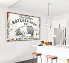 Butcher Shop Co. Sign handmade by ToeFishArt. Original, custom, personalized wall decor signs. Canvas, Wood or Metal. Rustic modern farmhouse, cottagecore, vintage, retro, industrial, Americana, primitive, country, coastal, minimalist.