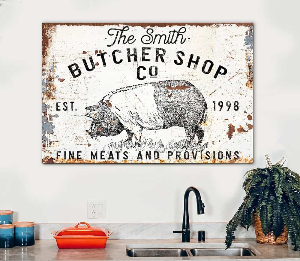 Butcher Shop Co. Sign handmade by ToeFishArt. Original, custom, personalized wall decor signs. Canvas, Wood or Metal. Rustic modern farmhouse, cottagecore, vintage, retro, industrial, Americana, primitive, country, coastal, minimalist.