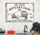 Butcher Shop Co. Sign handmade by ToeFishArt. Original, custom, personalized wall decor signs. Canvas, Wood or Metal. Rustic modern farmhouse, cottagecore, vintage, retro, industrial, Americana, primitive, country, coastal, minimalist.