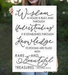 By Wisdom a House is Built Sign handmade by ToeFishArt. Original, custom, personalized wall decor signs. Canvas, Wood or Metal. Rustic modern farmhouse, cottagecore, vintage, retro, industrial, Americana, primitive, country, coastal, minimalist.