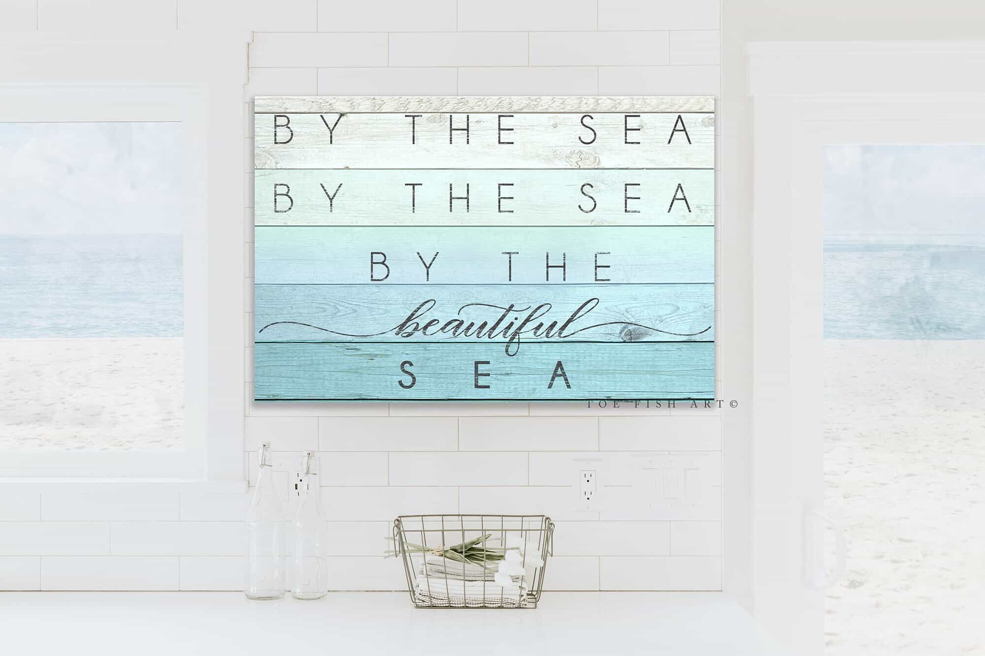 By the Sea Sign handmade by ToeFishArt. Original, custom, personalized wall decor signs. Canvas, Wood or Metal. Rustic modern farmhouse, cottagecore, vintage, retro, industrial, Americana, primitive, country, coastal, minimalist.