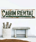 Cabin Rental Sign handmade by ToeFishArt. Original, custom, personalized wall decor signs. Canvas, Wood or Metal. Rustic modern farmhouse, cottagecore, vintage, retro, industrial, Americana, primitive, country, coastal, minimalist.