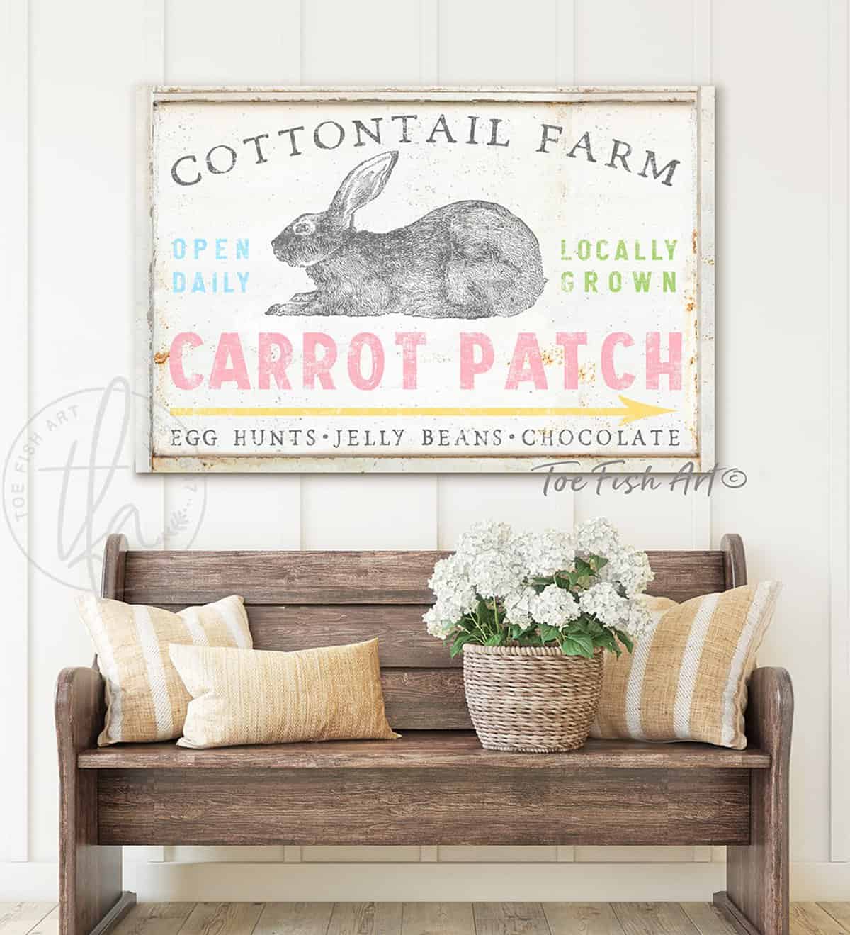 Carrot Patch Bunny Cottontail Farm Sign, Easter Spring Decor handmade by ToeFishArt. Original, custom, personalized wall decor signs. Canvas, Wood or Metal. Rustic modern farmhouse, cottagecore, vintage, retro, industrial, Americana, primitive, country, coastal, minimalist.