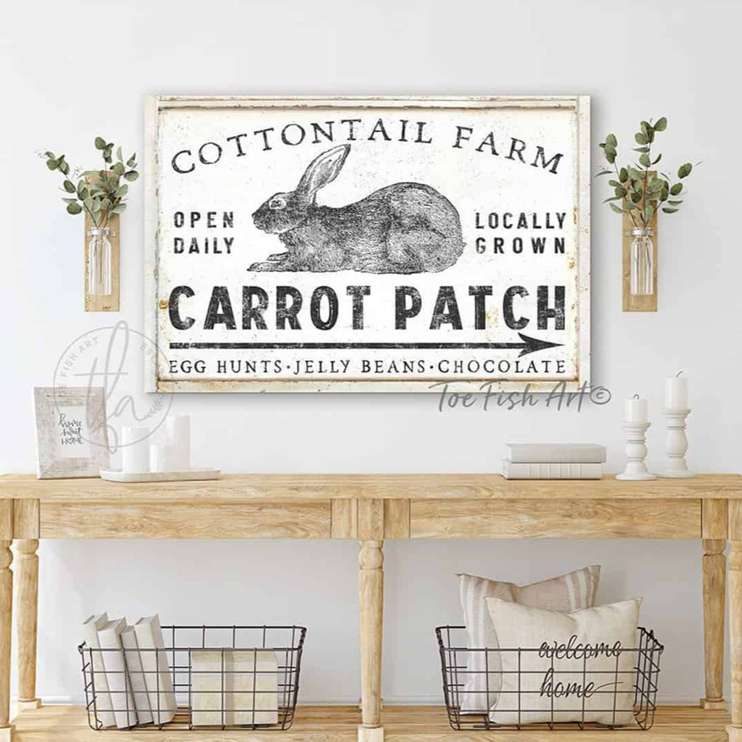 Carrot Patch Bunny Cottontail Farm Sign, Easter Spring Decor handmade by ToeFishArt. Original, custom, personalized wall decor signs. Canvas, Wood or Metal. Rustic modern farmhouse, cottagecore, vintage, retro, industrial, Americana, primitive, country, coastal, minimalist.