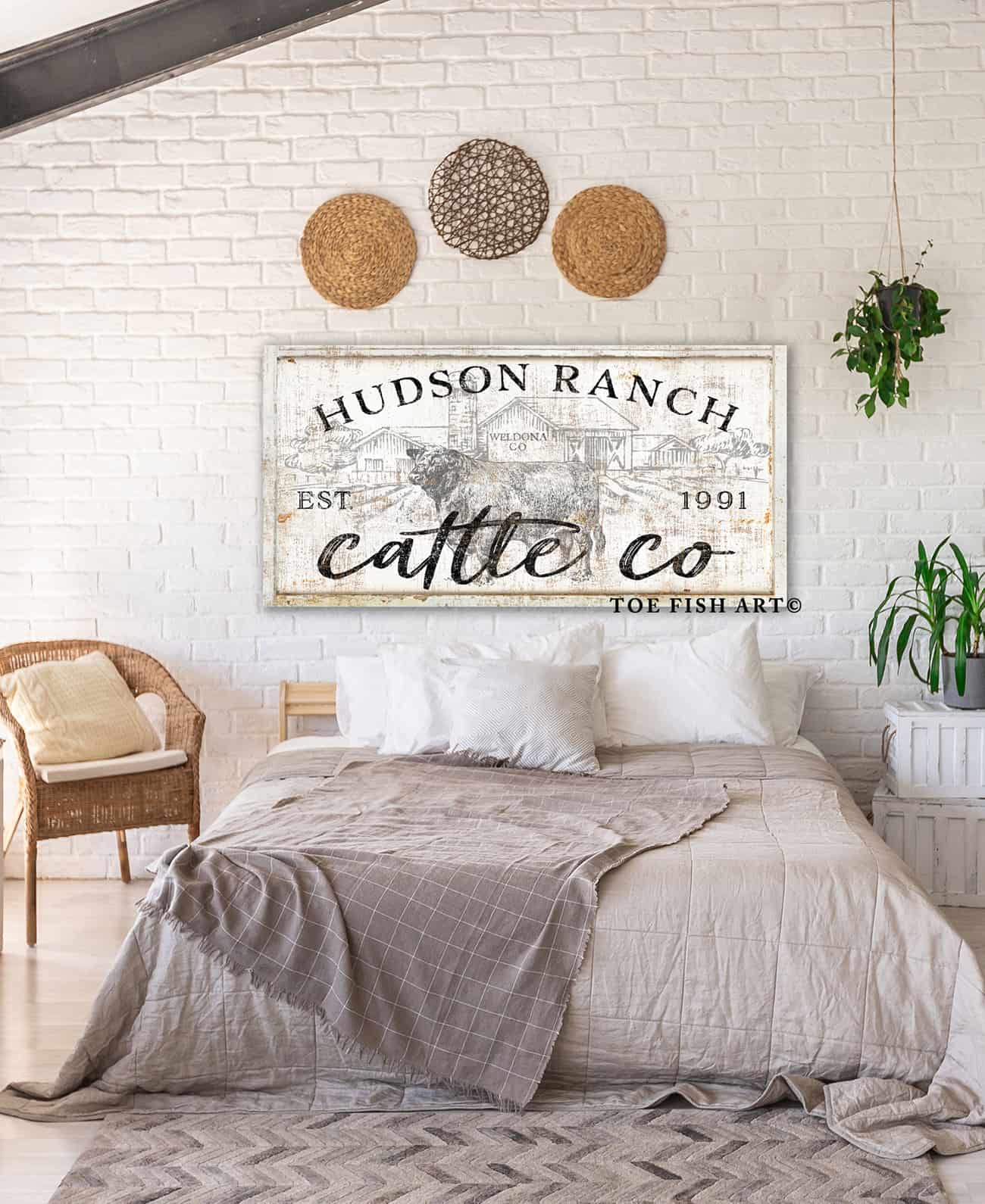 Cattle Co Sign handmade by ToeFishArt. Original, custom, personalized wall decor signs. Canvas, Wood or Metal. Rustic modern farmhouse, cottagecore, vintage, retro, industrial, Americana, primitive, country, coastal, minimalist.