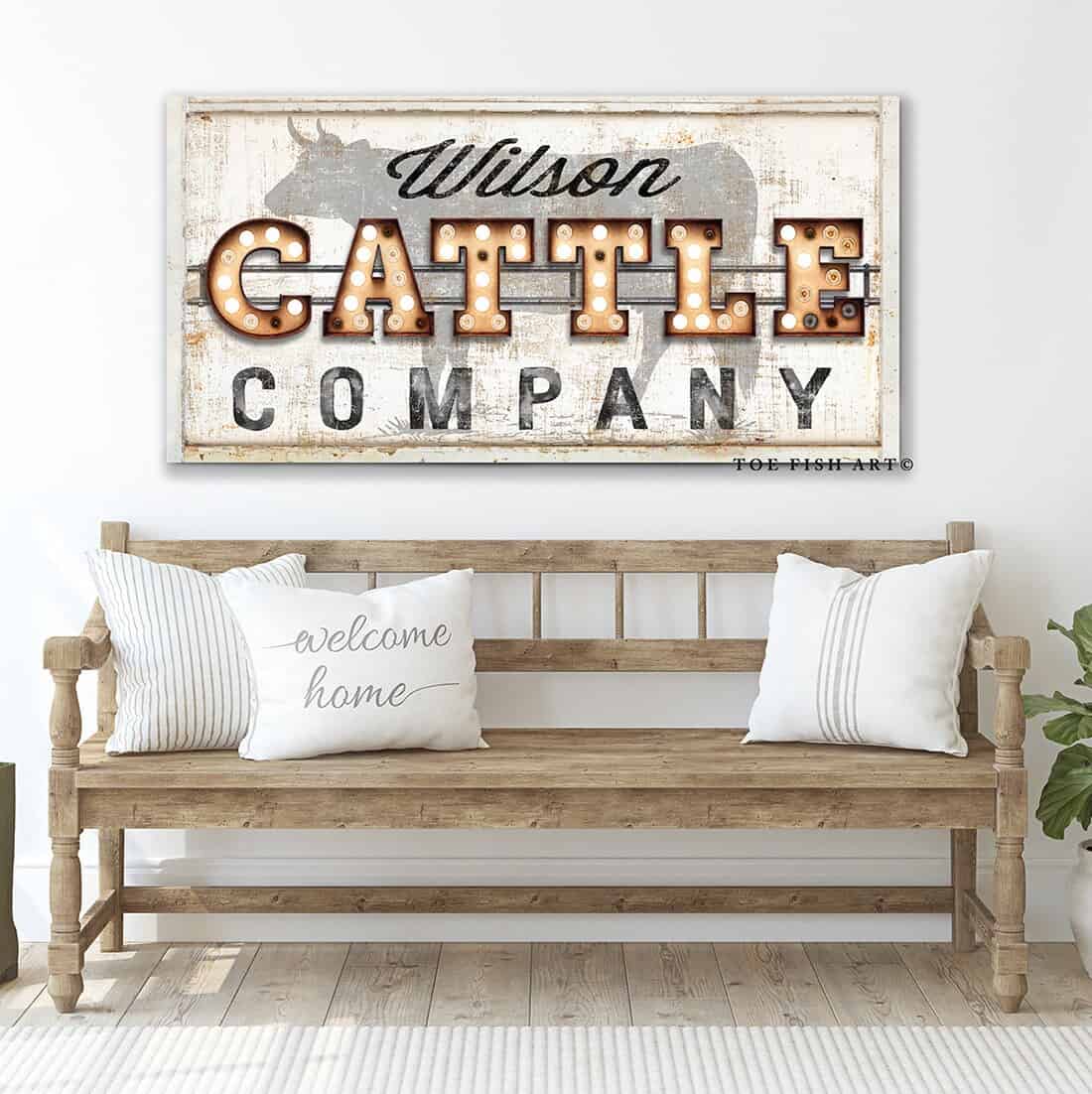Cattle Company "Marquee"-style Sign handmade by ToeFishArt. Original, custom, personalized wall decor signs. Canvas, Wood or Metal. Rustic modern farmhouse, cottagecore, vintage, retro, industrial, Americana, primitive, country, coastal, minimalist.