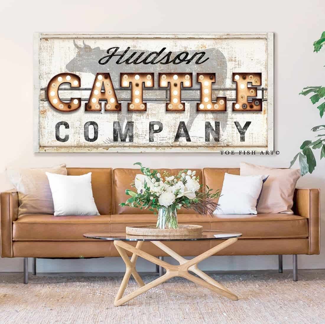 Cattle Company "Marquee"-style Sign handmade by ToeFishArt. Original, custom, personalized wall decor signs. Canvas, Wood or Metal. Rustic modern farmhouse, cottagecore, vintage, retro, industrial, Americana, primitive, country, coastal, minimalist.