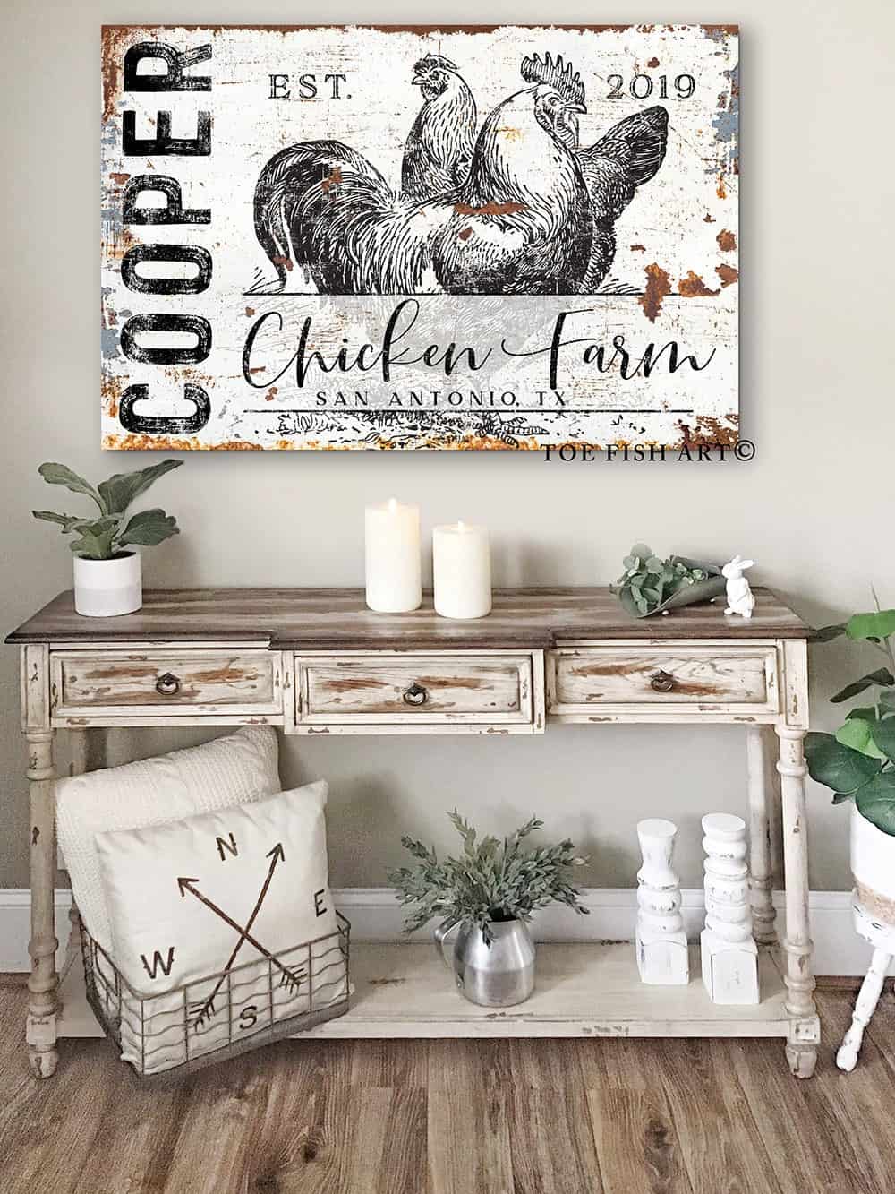 Chicken Farm Sign handmade by ToeFishArt. Original, custom, personalized wall decor signs. Canvas, Wood or Metal. Rustic modern farmhouse, cottagecore, vintage, retro, industrial, Americana, primitive, country, coastal, minimalist.