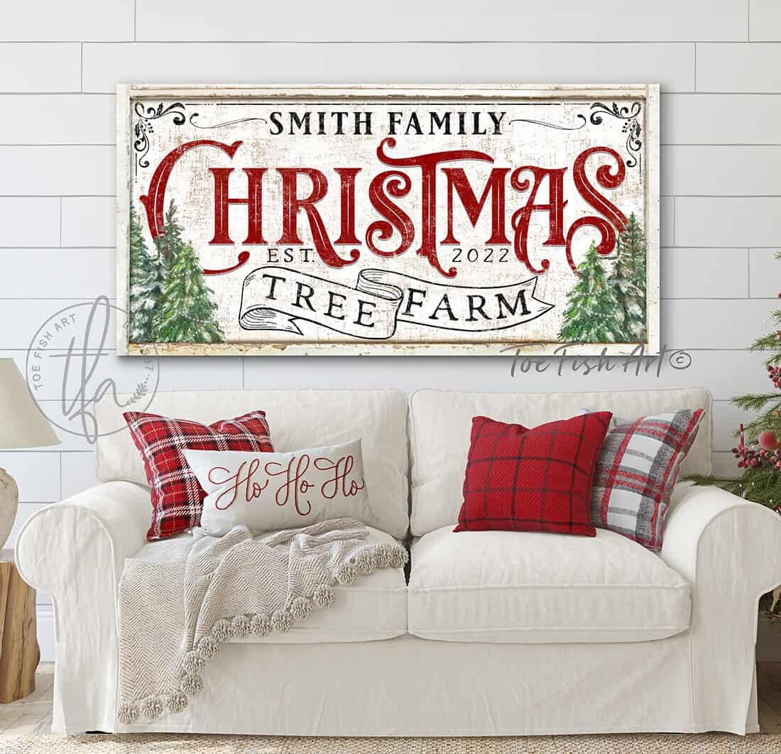 Christmas Decor Sign Christmas Tree Farm Personalized Custom Family Name Sign handmade by ToeFishArt. Original, custom, personalized wall decor signs. Canvas, Wood or Metal. Rustic modern farmhouse, cottagecore, vintage, retro, industrial, Americana, primitive, country, coastal, minimalist.