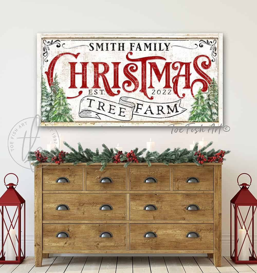 Christmas Decor Sign Christmas Tree Farm Personalized Custom Family Name Sign handmade by ToeFishArt. Original, custom, personalized wall decor signs. Canvas, Wood or Metal. Rustic modern farmhouse, cottagecore, vintage, retro, industrial, Americana, primitive, country, coastal, minimalist.