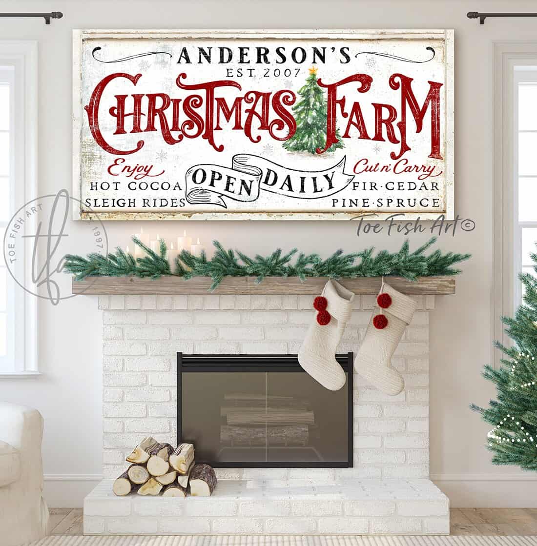 Christmas Farm Open Daily Personalized Sign handmade by ToeFishArt. Original, custom, personalized wall decor signs. Canvas, Wood or Metal. Rustic modern farmhouse, cottagecore, vintage, retro, industrial, Americana, primitive, country, coastal, minimalist.