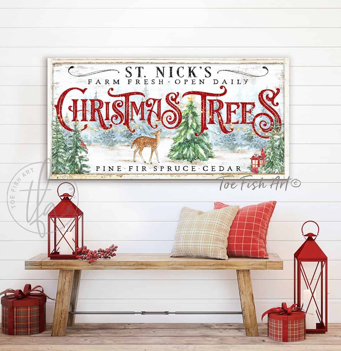 Christmas Trees Sign, St. Nick's Farm Fresh Open Daily, Modern Farmhouse Vintage Holiday Decoration handmade by ToeFishArt. Original, custom, personalized wall decor signs. Canvas, Wood or Metal. Rustic modern farmhouse, cottagecore, vintage, retro, industrial, Americana, primitive, country, coastal, minimalist.