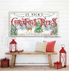 Christmas Trees Sign, St. Nick's Farm Fresh Open Daily, Modern Farmhouse Vintage Holiday Decoration handmade by ToeFishArt. Original, custom, personalized wall decor signs. Canvas, Wood or Metal. Rustic modern farmhouse, cottagecore, vintage, retro, industrial, Americana, primitive, country, coastal, minimalist.