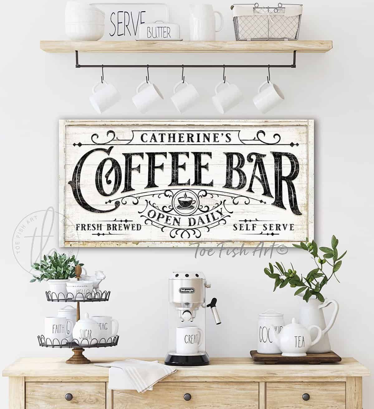 Coffee Bar Sign with Personalized Family Name, Fresh Brewed Self Serve Open Daily, Coastal Farmhouse Style Wall Décor handmade by ToeFishArt. Original, custom, personalized wall decor signs. Canvas, Wood or Metal. Rustic modern farmhouse, cottagecore, vintage, retro, industrial, Americana, primitive, country, coastal, minimalist.