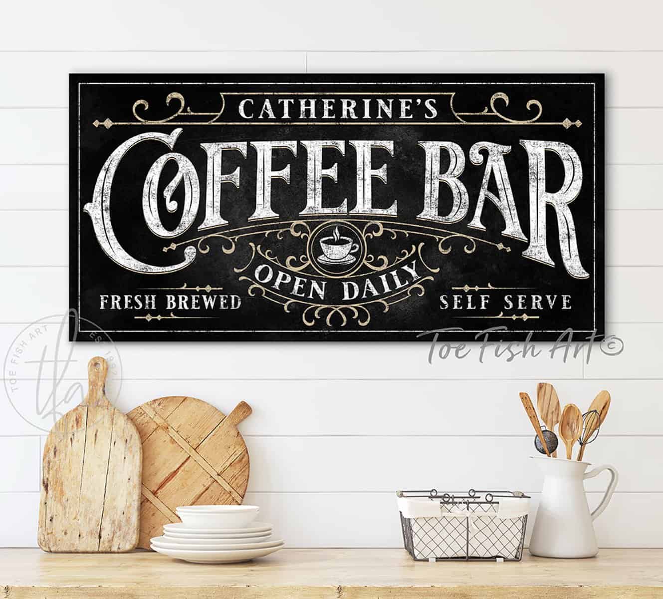Coffee Bar Sign with Personalized Family Name, Fresh Brewed Self Serve Open Daily, Roaring 1920s Vintage Gatsby Style Wall Décor handmade by ToeFishArt. Original, custom, personalized wall decor signs. Canvas, Wood or Metal. Rustic modern farmhouse, cottagecore, vintage, retro, industrial, Americana, primitive, country, coastal, minimalist.