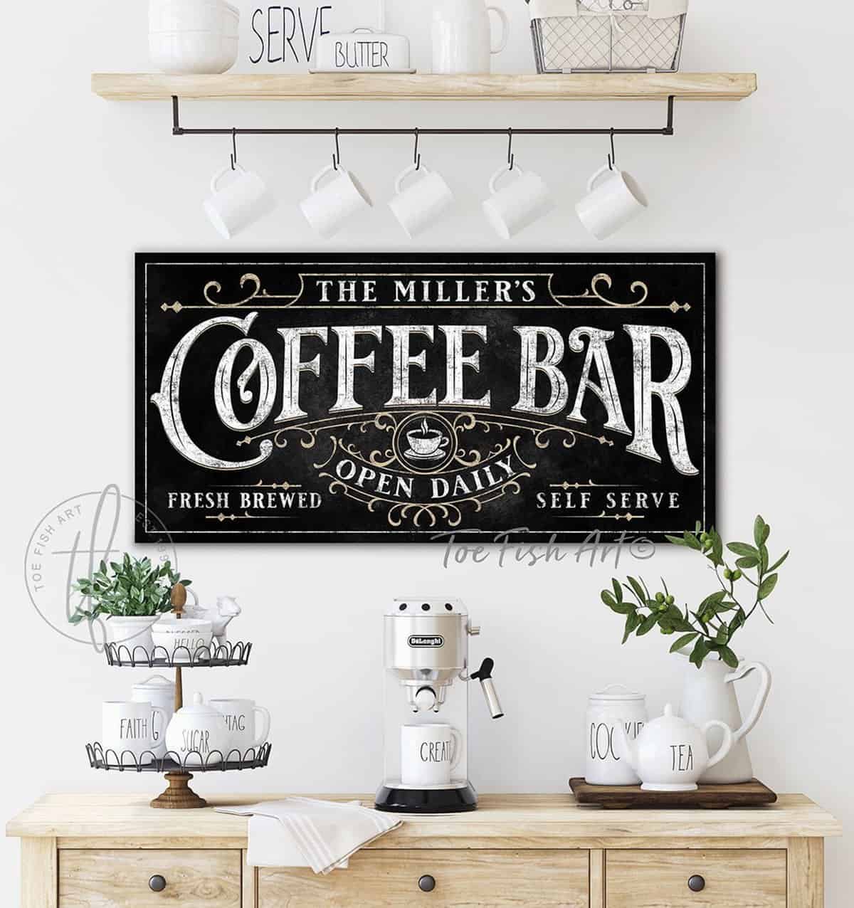 Coffee Bar Sign with Personalized Family Name, Fresh Brewed Self Serve Open Daily, Roaring 1920s Vintage Gatsby Style Wall Décor handmade by ToeFishArt. Original, custom, personalized wall decor signs. Canvas, Wood or Metal. Rustic modern farmhouse, cottagecore, vintage, retro, industrial, Americana, primitive, country, coastal, minimalist.