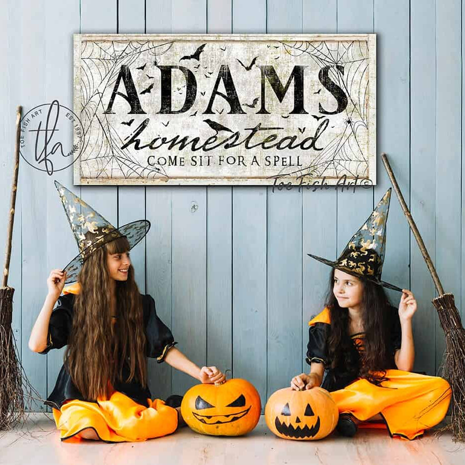 Come Sit For A Spell Sign handmade by ToeFishArt. Original, custom, personalized wall decor signs. Canvas, Wood or Metal. Rustic modern farmhouse, cottagecore, vintage, retro, industrial, Americana, primitive, country, coastal, minimalist.