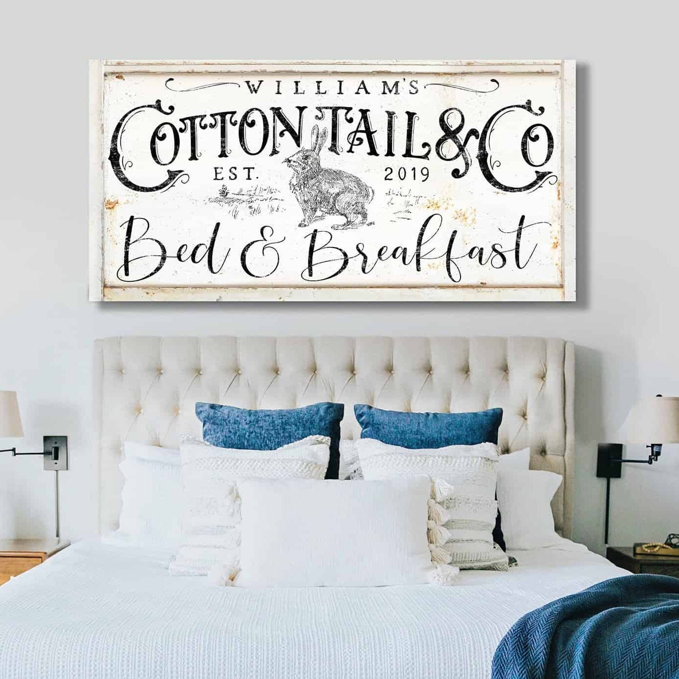 Cottontail & Co. Bed & Breakfast Sign handmade by ToeFishArt. Original, custom, personalized wall decor signs. Canvas, Wood or Metal. Rustic modern farmhouse, cottagecore, vintage, retro, industrial, Americana, primitive, country, coastal, minimalist.