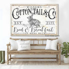 Cottontail & Co. Sign handmade by ToeFishArt. Original, custom, personalized wall decor signs. Canvas, Wood or Metal. Rustic modern farmhouse, cottagecore, vintage, retro, industrial, Americana, primitive, country, coastal, minimalist.