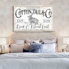 Cottontail & Co. Sign handmade by ToeFishArt. Original, custom, personalized wall decor signs. Canvas, Wood or Metal. Rustic modern farmhouse, cottagecore, vintage, retro, industrial, Americana, primitive, country, coastal, minimalist.