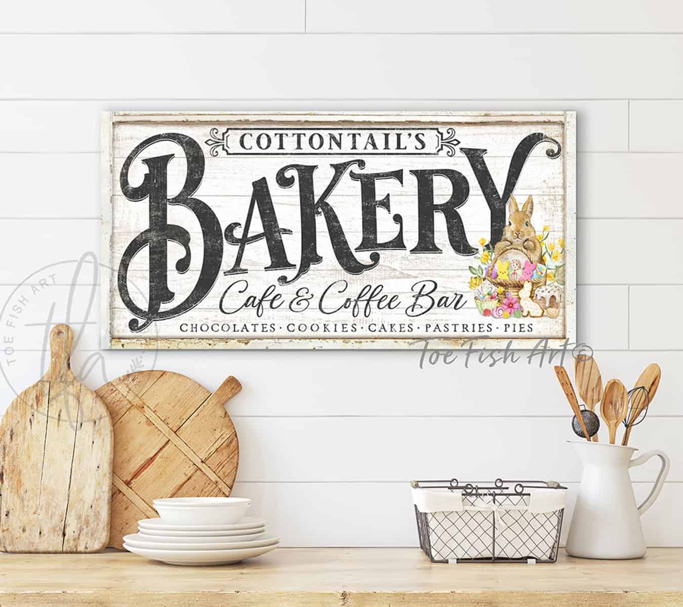 Cottontail's Bakery Café & Coffee Bar Easter Decoration Spring Décor Sign, Vintage Farmhouse Style handmade by ToeFishArt. Original, custom, personalized wall decor signs. Canvas, Wood or Metal. Rustic modern farmhouse, cottagecore, vintage, retro, industrial, Americana, primitive, country, coastal, minimalist.