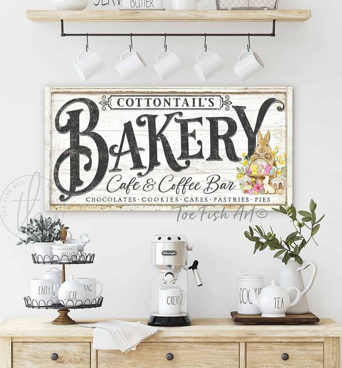 Cottontail's Bakery Café & Coffee Bar Easter Decoration Spring Décor Sign, Vintage Farmhouse Style handmade by ToeFishArt. Original, custom, personalized wall decor signs. Canvas, Wood or Metal. Rustic modern farmhouse, cottagecore, vintage, retro, industrial, Americana, primitive, country, coastal, minimalist.