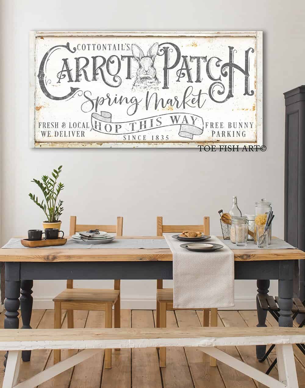 Cottontail's Carrot Patch Sign handmade by ToeFishArt. Original, custom, personalized wall decor signs. Canvas, Wood or Metal. Rustic modern farmhouse, cottagecore, vintage, retro, industrial, Americana, primitive, country, coastal, minimalist.