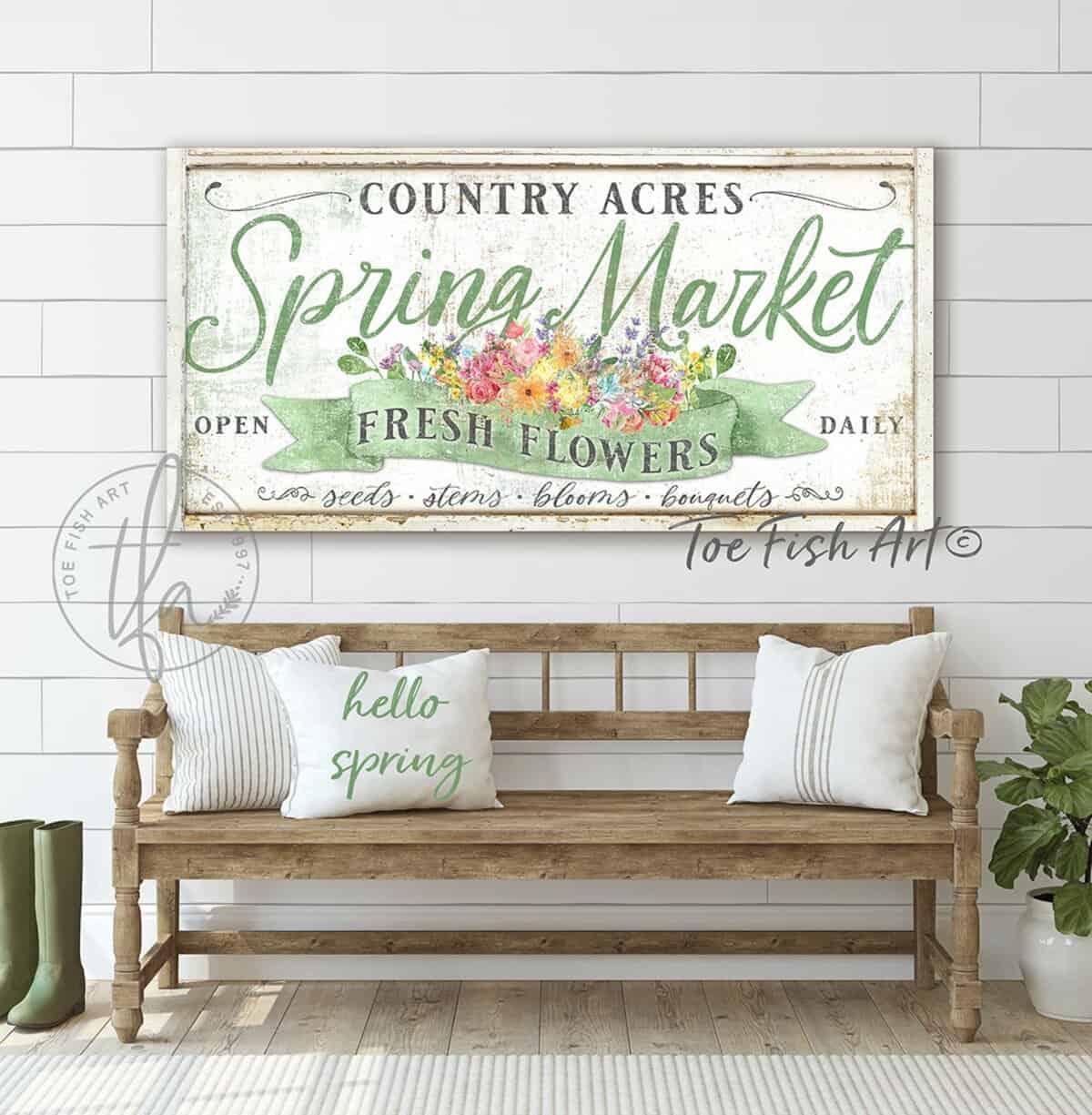Country Acres Spring Market Fresh Flowers Modern Farmhouse Sign handmade by ToeFishArt. Original, custom, personalized wall decor signs. Canvas, Wood or Metal. Rustic modern farmhouse, cottagecore, vintage, retro, industrial, Americana, primitive, country, coastal, minimalist.