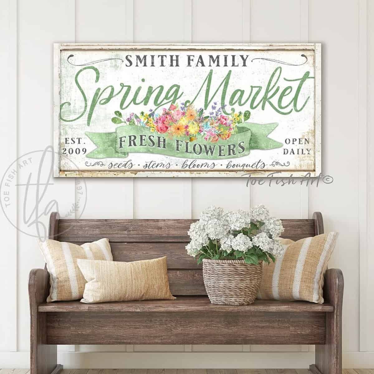 Country Acres Spring Market Fresh Flowers Modern Farmhouse Sign handmade by ToeFishArt. Original, custom, personalized wall decor signs. Canvas, Wood or Metal. Rustic modern farmhouse, cottagecore, vintage, retro, industrial, Americana, primitive, country, coastal, minimalist.