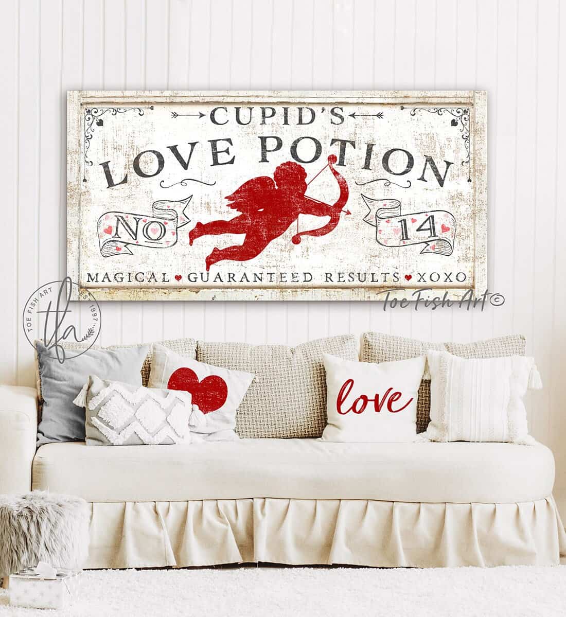 Cupid's Love Potion Sign handmade by ToeFishArt. Original, custom, personalized wall decor signs. Canvas, Wood or Metal. Rustic modern farmhouse, cottagecore, vintage, retro, industrial, Americana, primitive, country, coastal, minimalist.