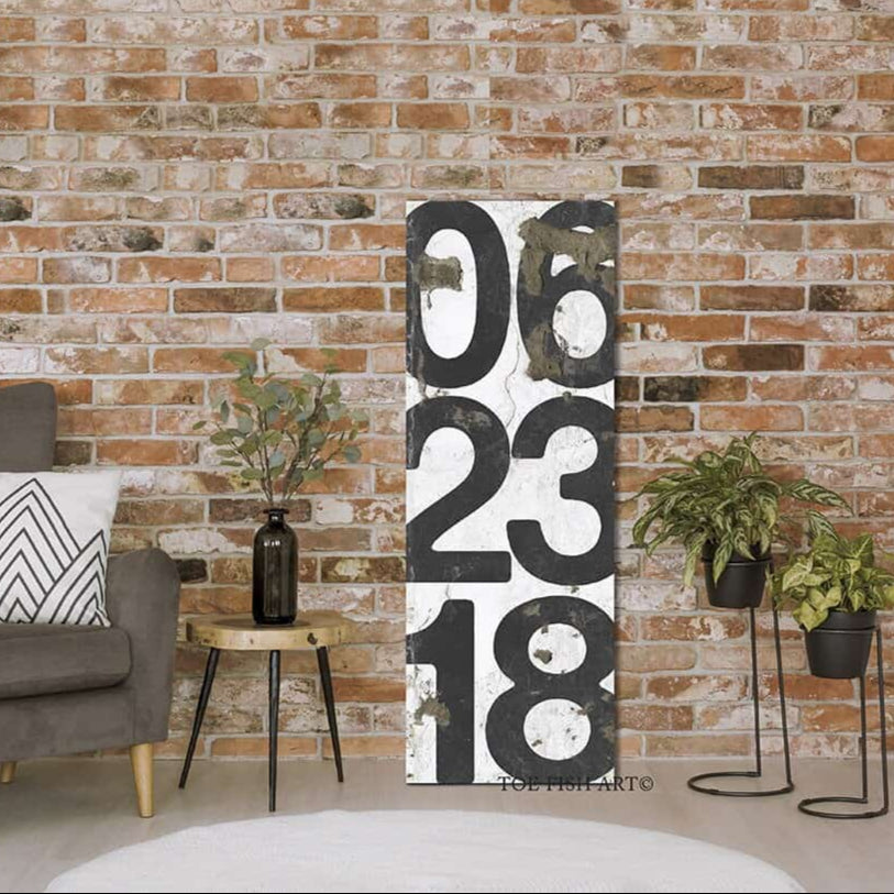 Date Sign handmade by ToeFishArt. Original, custom, personalized wall decor signs. Canvas, Wood or Metal. Rustic modern farmhouse, cottagecore, vintage, retro, industrial, Americana, primitive, country, coastal, minimalist.