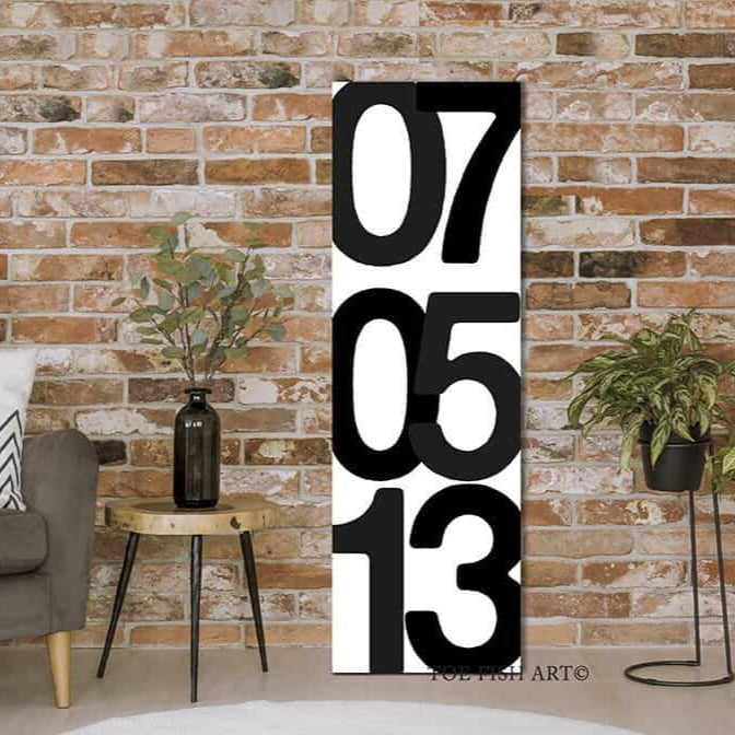 Date Sign handmade by ToeFishArt. Original, custom, personalized wall decor signs. Canvas, Wood or Metal. Rustic modern farmhouse, cottagecore, vintage, retro, industrial, Americana, primitive, country, coastal, minimalist.
