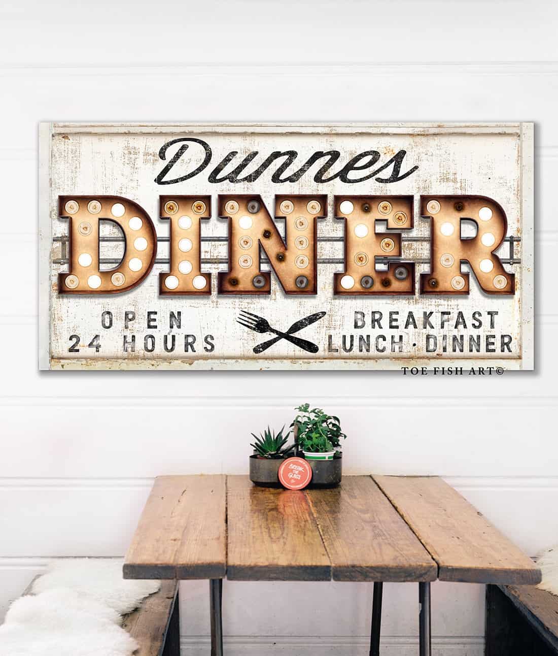 Diner "Marquee"-style Sign handmade by ToeFishArt. Original, custom, personalized wall decor signs. Canvas, Wood or Metal. Rustic modern farmhouse, cottagecore, vintage, retro, industrial, Americana, primitive, country, coastal, minimalist.
