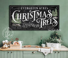 Evergreen Acres Christmas Trees Sign handmade by ToeFishArt. Original, custom, personalized wall decor signs. Canvas, Wood or Metal. Rustic modern farmhouse, cottagecore, vintage, retro, industrial, Americana, primitive, country, coastal, minimalist.