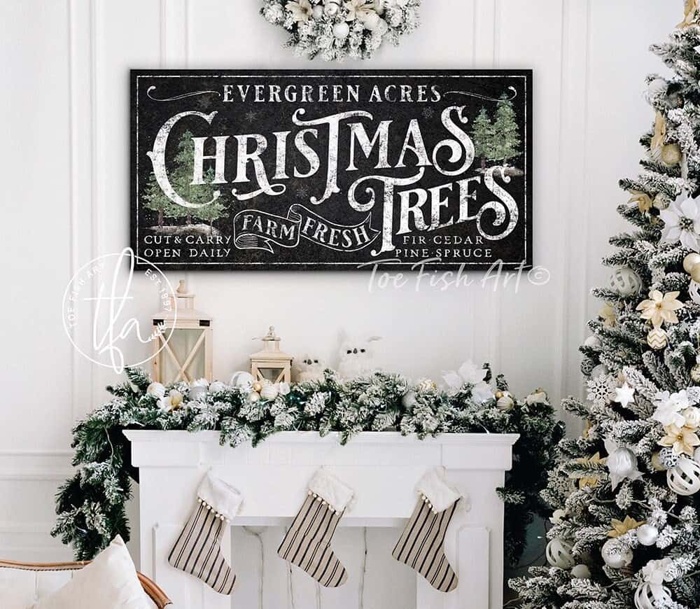 Evergreen Acres Christmas Trees Sign handmade by ToeFishArt. Original, custom, personalized wall decor signs. Canvas, Wood or Metal. Rustic modern farmhouse, cottagecore, vintage, retro, industrial, Americana, primitive, country, coastal, minimalist.