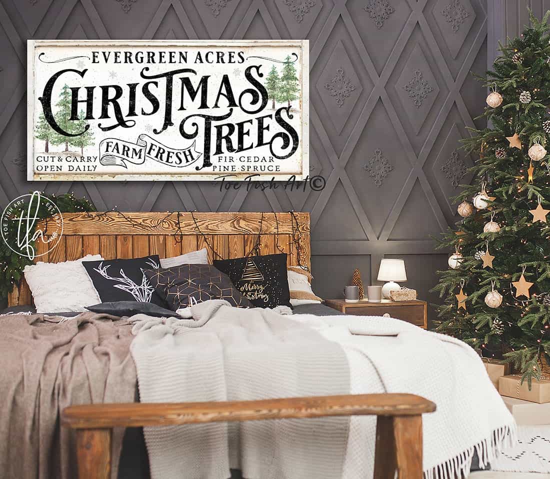 Evergreen Acres Christmas Trees Sign handmade by ToeFishArt. Original, custom, personalized wall decor signs. Canvas, Wood or Metal. Rustic modern farmhouse, cottagecore, vintage, retro, industrial, Americana, primitive, country, coastal, minimalist.