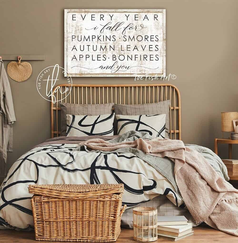 Every Year I Fall For Sign handmade by ToeFishArt. Original, custom, personalized wall decor signs. Canvas, Wood or Metal. Rustic modern farmhouse, cottagecore, vintage, retro, industrial, Americana, primitive, country, coastal, minimalist.