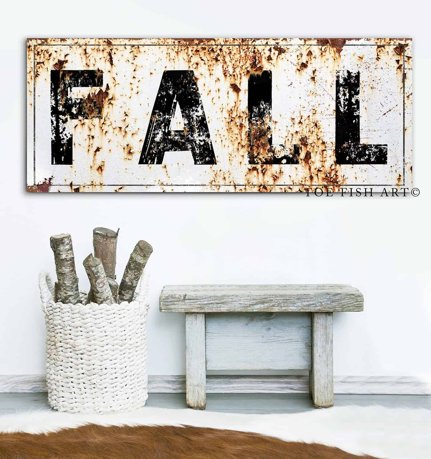 Fall Sign handmade by ToeFishArt. Original, custom, personalized wall decor signs. Canvas, Wood or Metal. Rustic modern farmhouse, cottagecore, vintage, retro, industrial, Americana, primitive, country, coastal, minimalist.