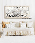 Family Farmhouse Sign handmade by ToeFishArt. Original, custom, personalized wall decor signs. Canvas, Wood or Metal. Rustic modern farmhouse, cottagecore, vintage, retro, industrial, Americana, primitive, country, coastal, minimalist.