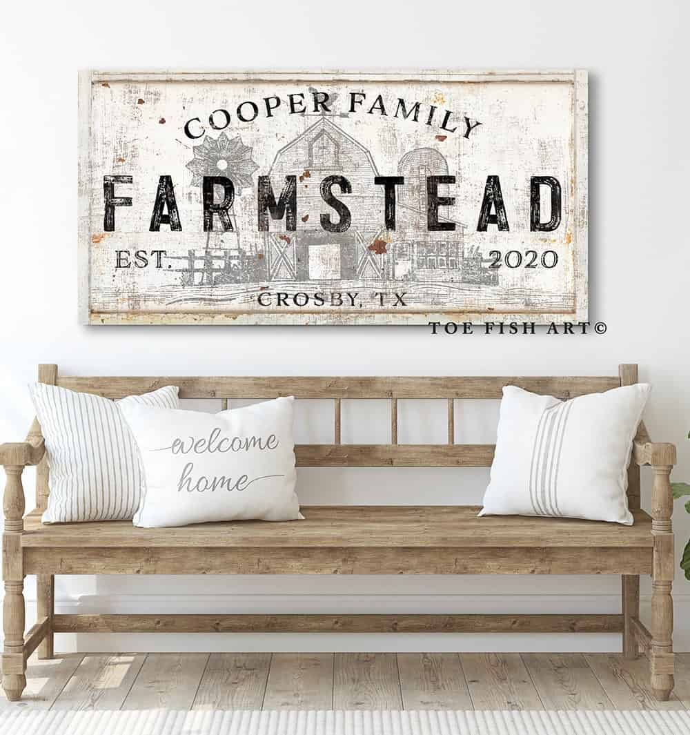 Family Homestead Sign handmade by ToeFishArt. Original, custom, personalized wall decor signs. Canvas, Wood or Metal. Rustic modern farmhouse, cottagecore, vintage, retro, industrial, Americana, primitive, country, coastal, minimalist.