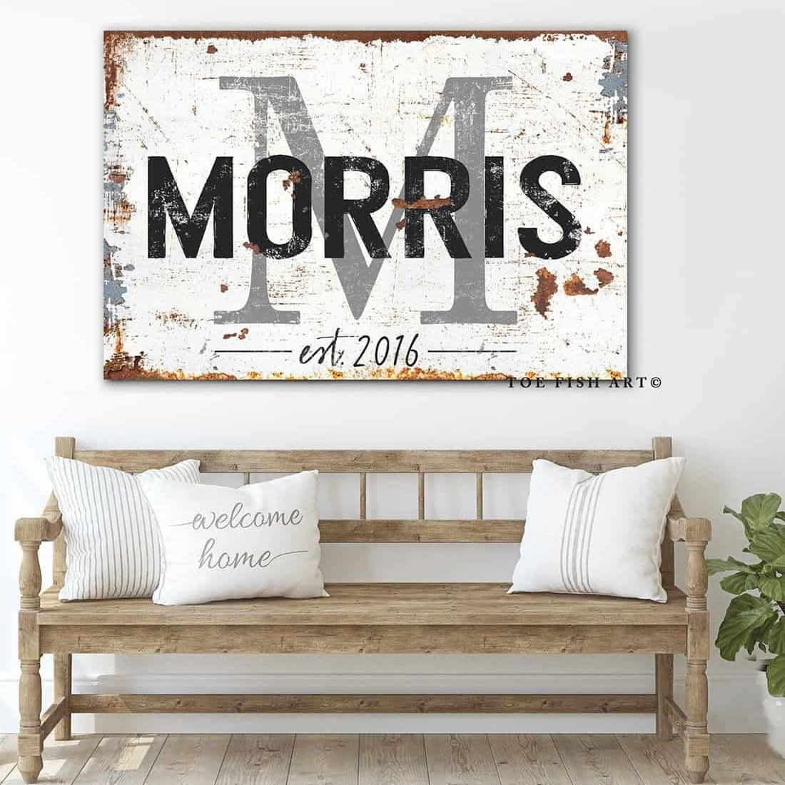 Family Initial Sign handmade by ToeFishArt. Original, custom, personalized wall decor signs. Canvas, Wood or Metal. Rustic modern farmhouse, cottagecore, vintage, retro, industrial, Americana, primitive, country, coastal, minimalist.