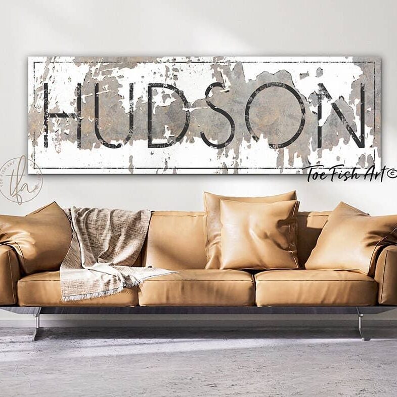 Family Name Sign handmade by ToeFishArt. Original, custom, personalized wall decor signs. Canvas, Wood or Metal. Rustic modern farmhouse, cottagecore, vintage, retro, industrial, Americana, primitive, country, coastal, minimalist.