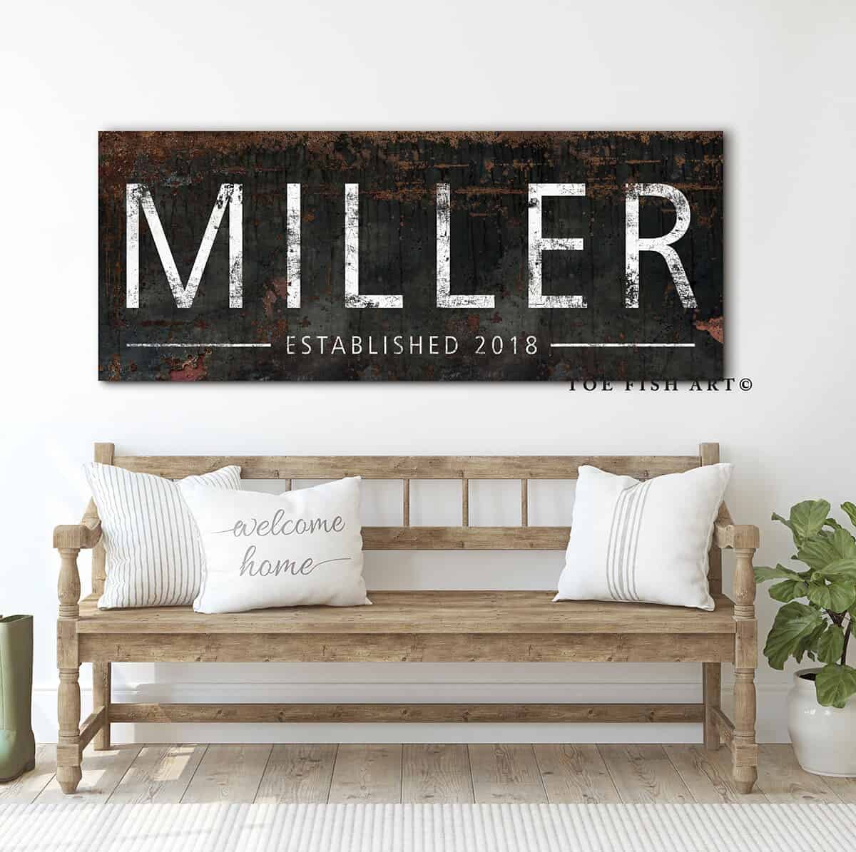 Family Name Sign handmade by ToeFishArt. Original, custom, personalized wall decor signs. Canvas, Wood or Metal. Rustic modern farmhouse, cottagecore, vintage, retro, industrial, Americana, primitive, country, coastal, minimalist.