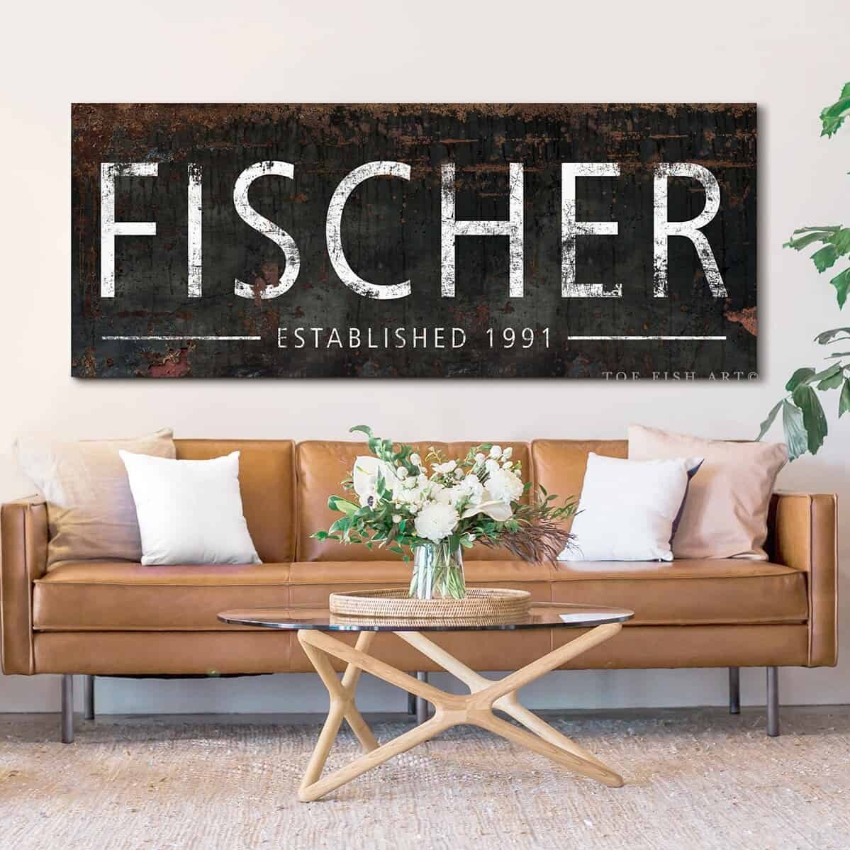 Family Name Sign handmade by ToeFishArt. Original, custom, personalized wall decor signs. Canvas, Wood or Metal. Rustic modern farmhouse, cottagecore, vintage, retro, industrial, Americana, primitive, country, coastal, minimalist.