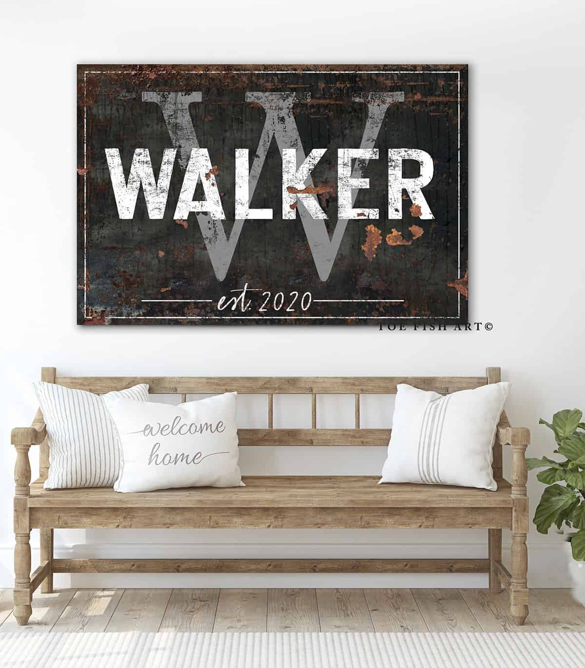 Family Name Sign handmade by ToeFishArt. Original, custom, personalized wall decor signs. Canvas, Wood or Metal. Rustic modern farmhouse, cottagecore, vintage, retro, industrial, Americana, primitive, country, coastal, minimalist.