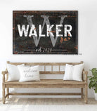 Family Name Sign handmade by ToeFishArt. Original, custom, personalized wall decor signs. Canvas, Wood or Metal. Rustic modern farmhouse, cottagecore, vintage, retro, industrial, Americana, primitive, country, coastal, minimalist.