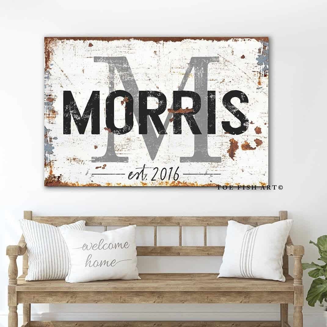 Family Name Sign handmade by ToeFishArt. Original, custom, personalized wall decor signs. Canvas, Wood or Metal. Rustic modern farmhouse, cottagecore, vintage, retro, industrial, Americana, primitive, country, coastal, minimalist.