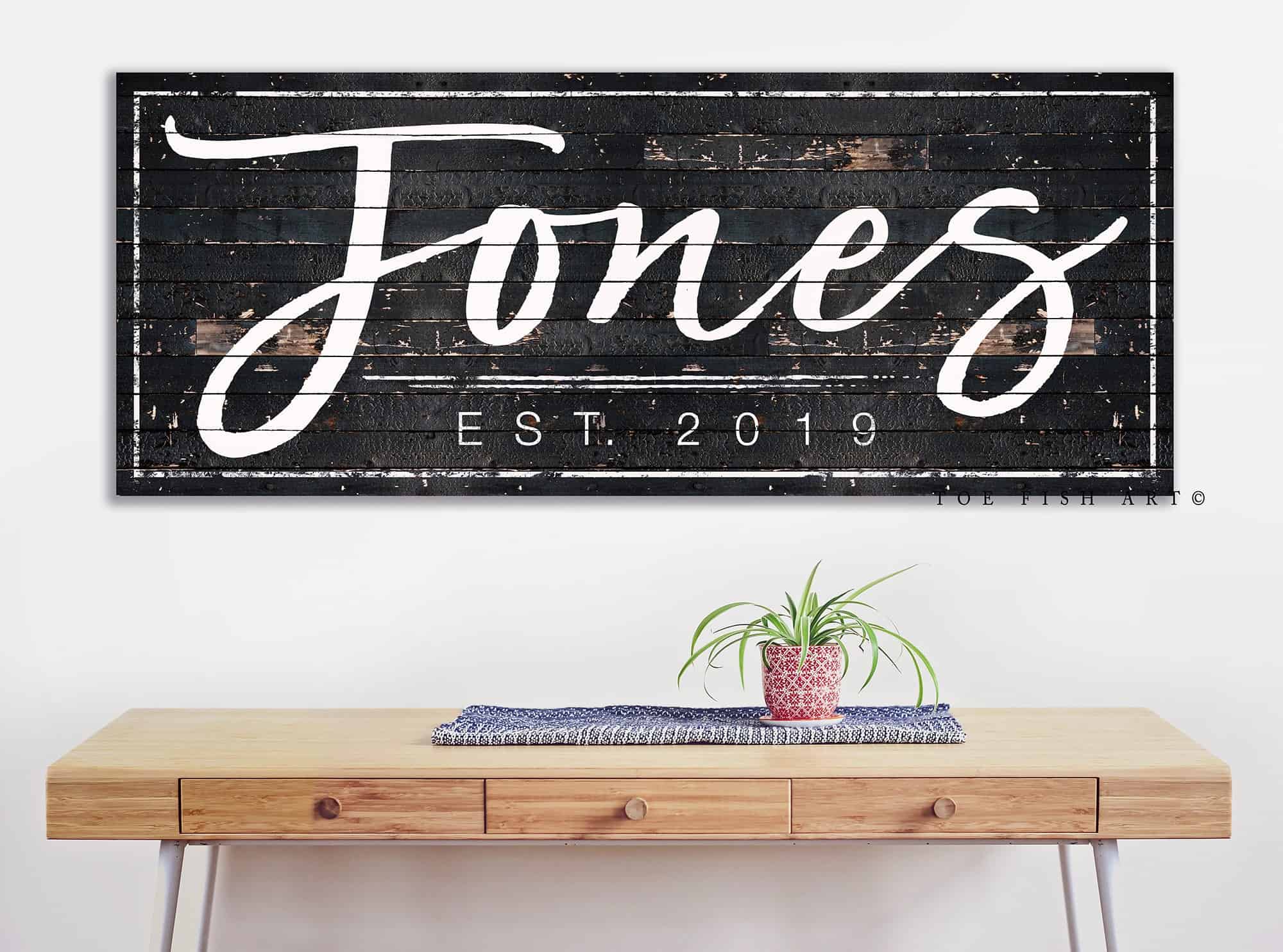 Family Name Sign handmade by ToeFishArt. Original, custom, personalized wall decor signs. Canvas, Wood or Metal. Rustic modern farmhouse, cottagecore, vintage, retro, industrial, Americana, primitive, country, coastal, minimalist.