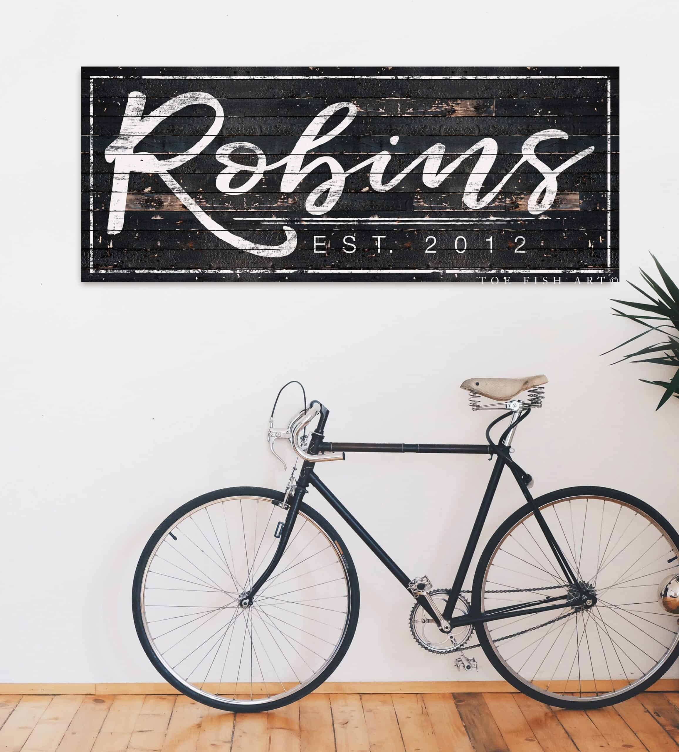 Family Name Sign handmade by ToeFishArt. Original, custom, personalized wall decor signs. Canvas, Wood or Metal. Rustic modern farmhouse, cottagecore, vintage, retro, industrial, Americana, primitive, country, coastal, minimalist.